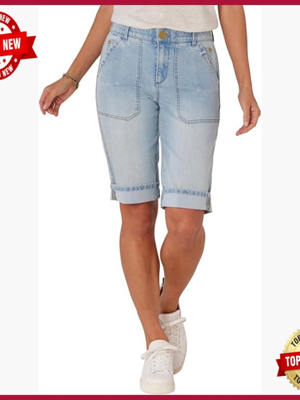 Mid Rise Denim Bermuda Shorts with Roll Cuff